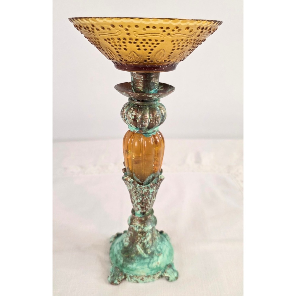 Amber Glass Pedestal Bowl Riser Verdigris Patina Base Vintage Style Dish 10"